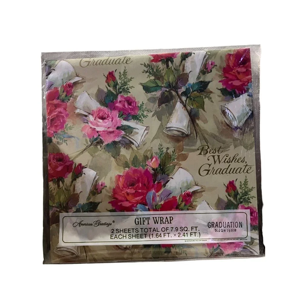 Vintage American Greetings Gift Wrap Graduate NEW Floral 2 Packages